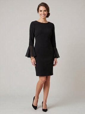 Calvin Klein Women's Size 4 Black Chiffon Bell Sleeve Sheath Dress